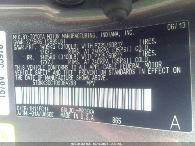 Photo 8 VIN: 5TDKK3DC1DS384298 - TOYOTA SIENNA 