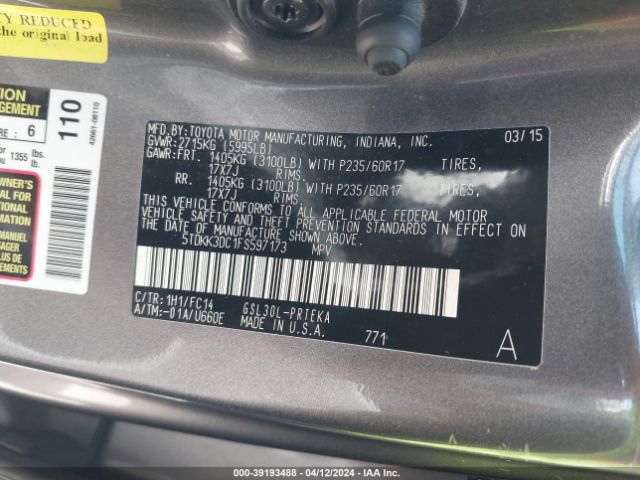 Photo 8 VIN: 5TDKK3DC1FS597173 - TOYOTA SIENNA 