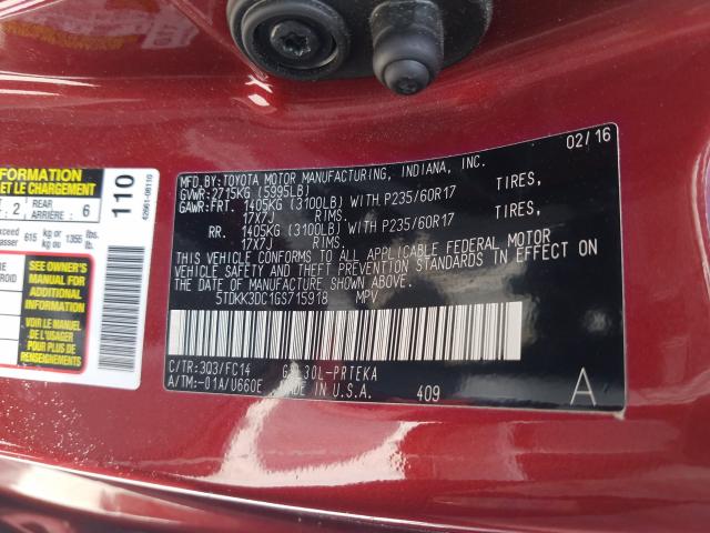 Photo 9 VIN: 5TDKK3DC1GS715918 - TOYOTA SIENNA LE 