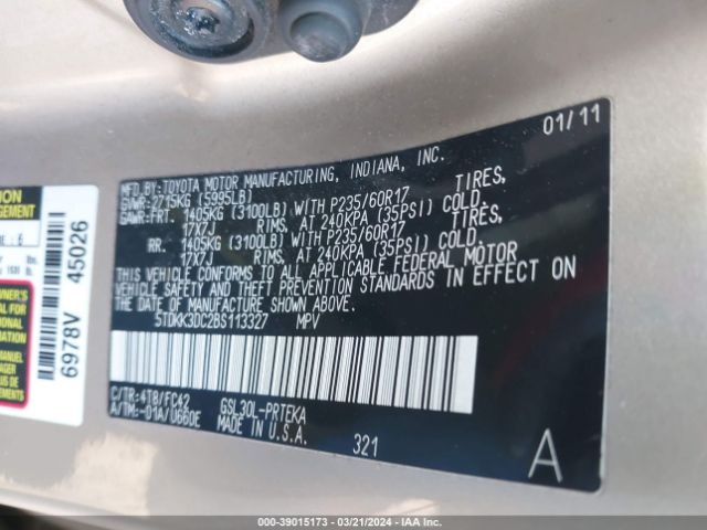 Photo 8 VIN: 5TDKK3DC2BS113327 - TOYOTA SIENNA 