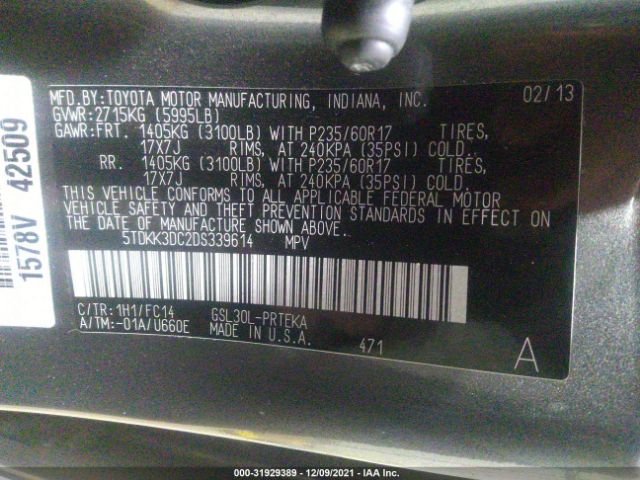 Photo 8 VIN: 5TDKK3DC2DS339614 - TOYOTA SIENNA 