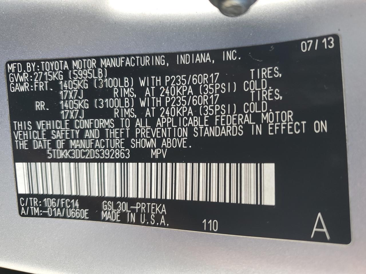 Photo 12 VIN: 5TDKK3DC2DS392863 - TOYOTA SIENNA 