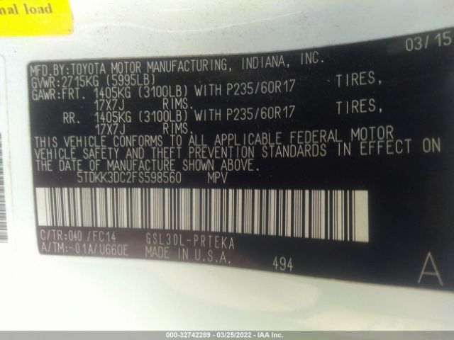 Photo 8 VIN: 5TDKK3DC2FS598560 - TOYOTA SIENNA 