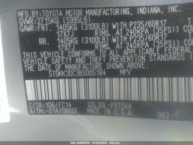 Photo 8 VIN: 5TDKK3DC3BS005184 - TOYOTA SIENNA 