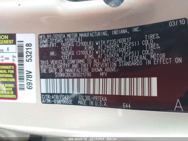 Photo 8 VIN: 5TDKK3DC3BS021790 - TOYOTA SIENNA 