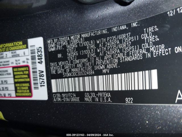 Photo 8 VIN: 5TDKK3DC3DS324684 - TOYOTA SIENNA 