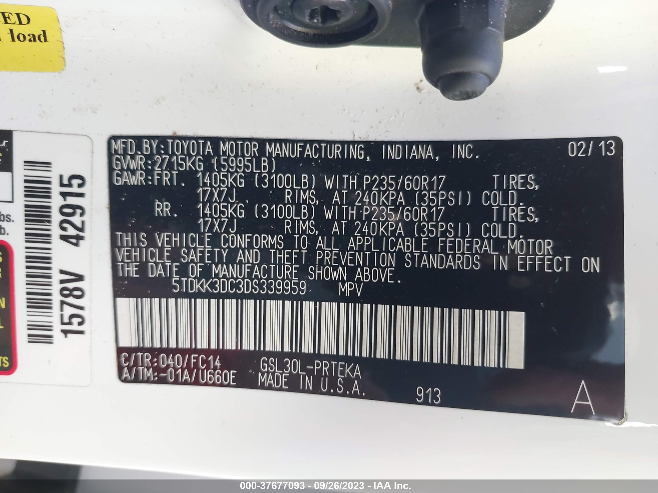 Photo 8 VIN: 5TDKK3DC3DS339959 - TOYOTA SIENNA 