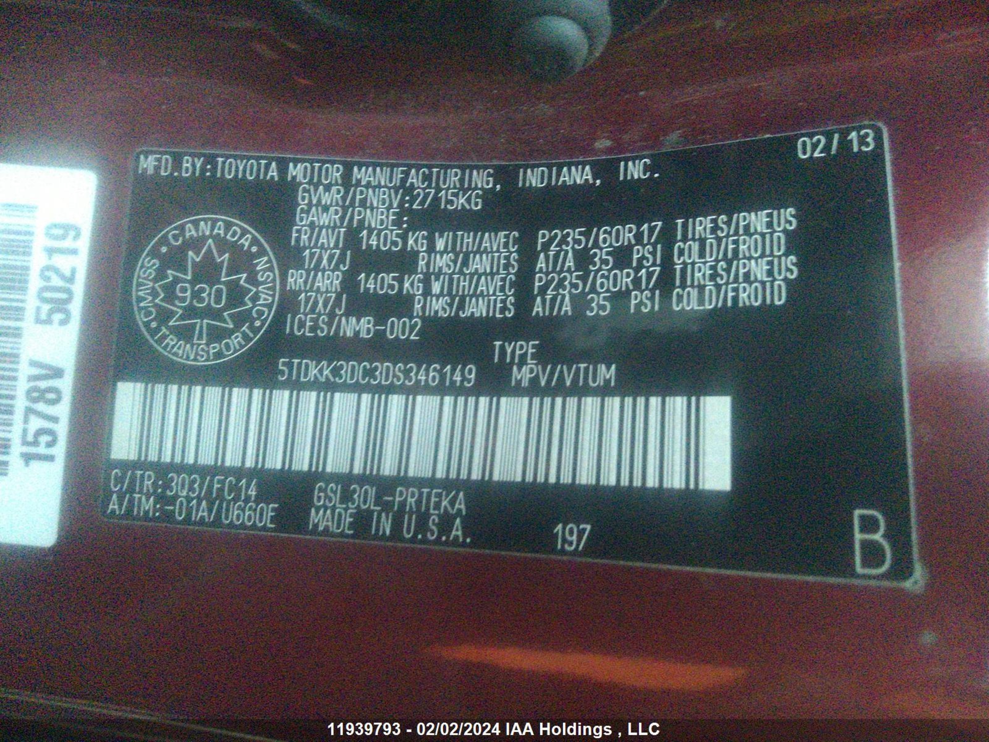 Photo 8 VIN: 5TDKK3DC3DS346149 - TOYOTA SIENNA 