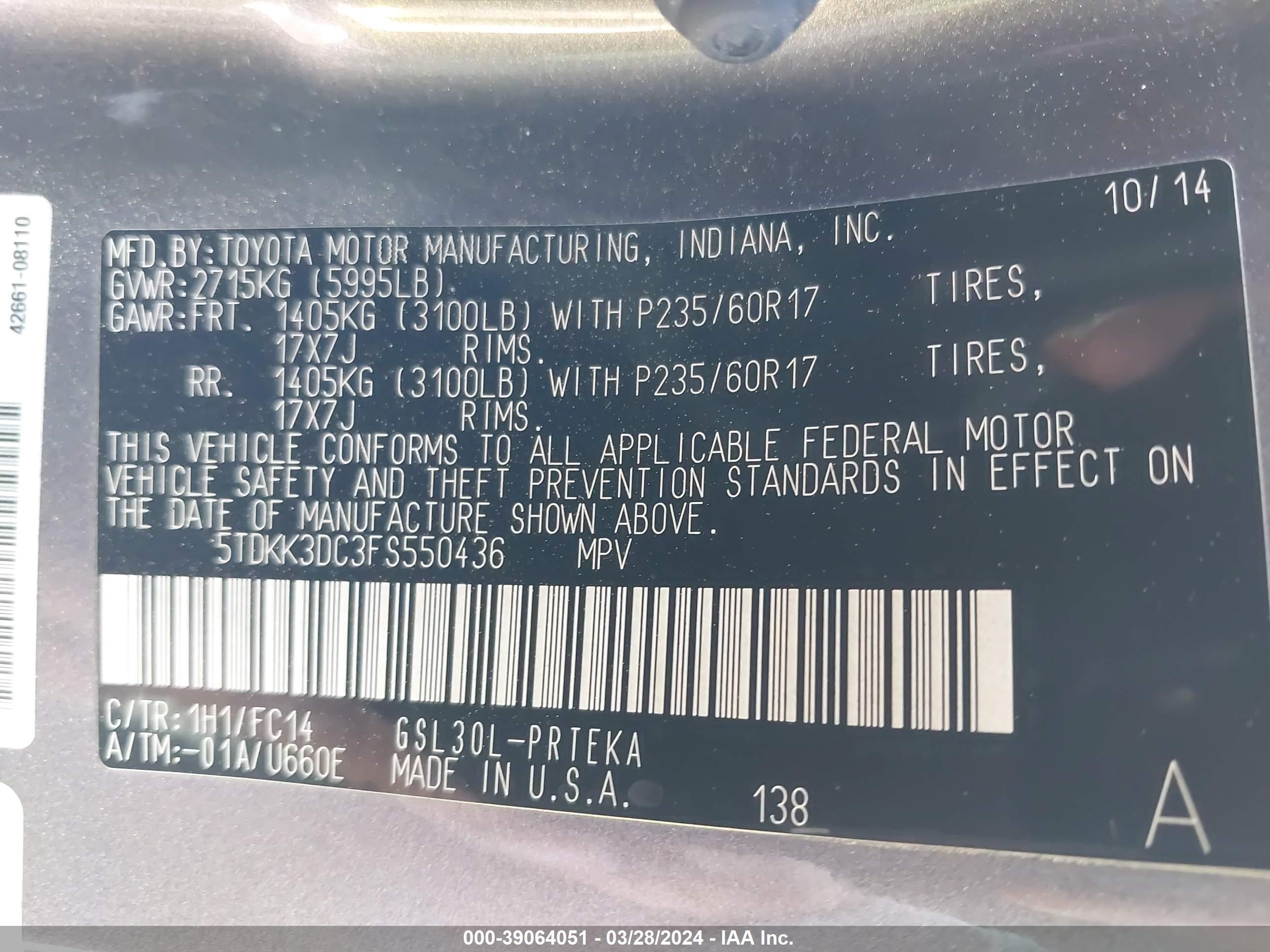 Photo 8 VIN: 5TDKK3DC3FS550436 - TOYOTA SIENNA 