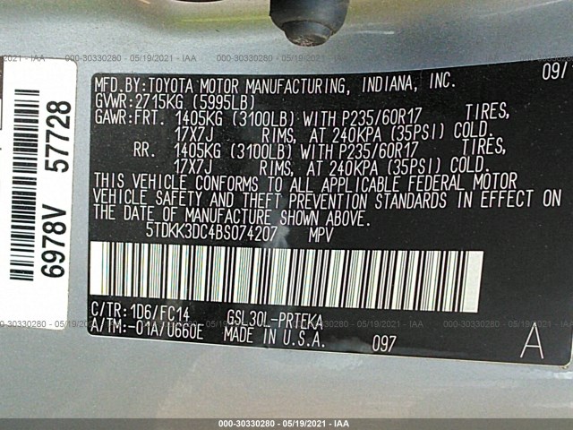 Photo 8 VIN: 5TDKK3DC4BS074207 - TOYOTA SIENNA 