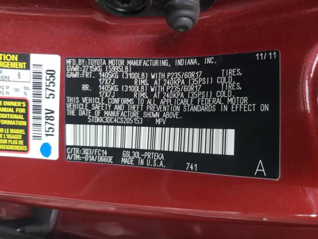 Photo 9 VIN: 5TDKK3DC4CS205153 - TOYOTA SIENNA LE 