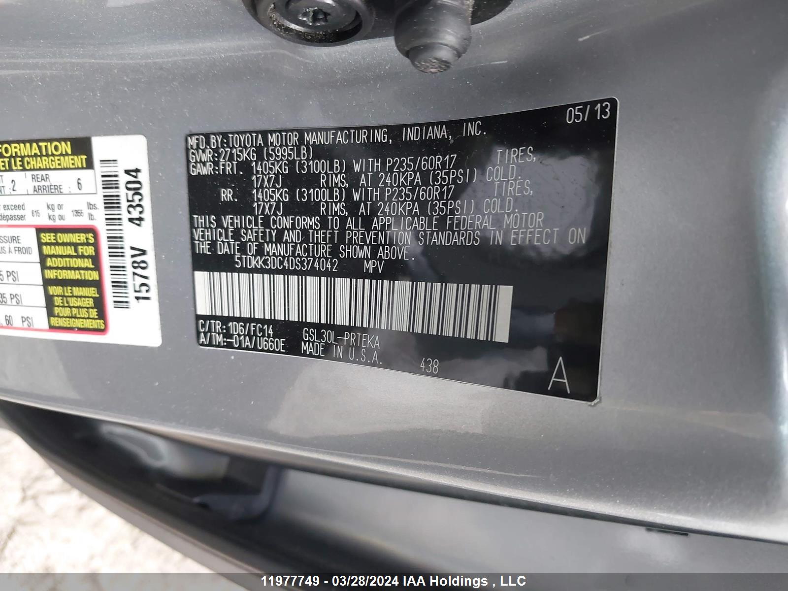 Photo 8 VIN: 5TDKK3DC4DS374042 - TOYOTA SIENNA 