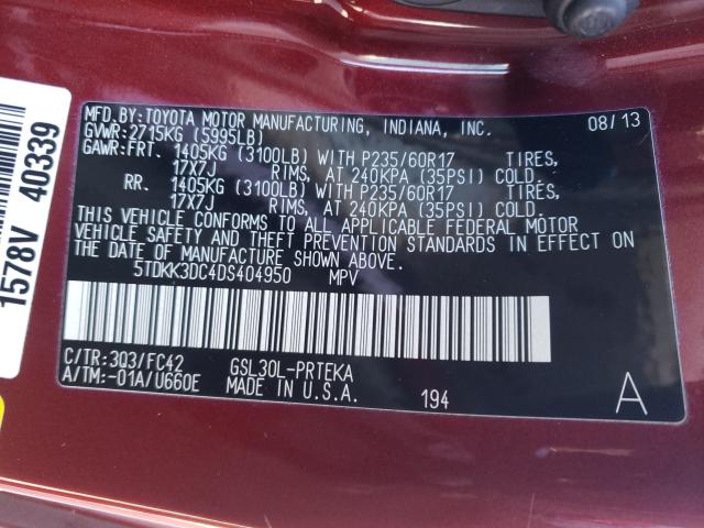 Photo 9 VIN: 5TDKK3DC4DS404950 - TOYOTA SIENNA LE 