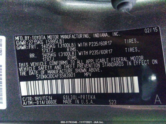 Photo 8 VIN: 5TDKK3DC4FS583901 - TOYOTA SIENNA 