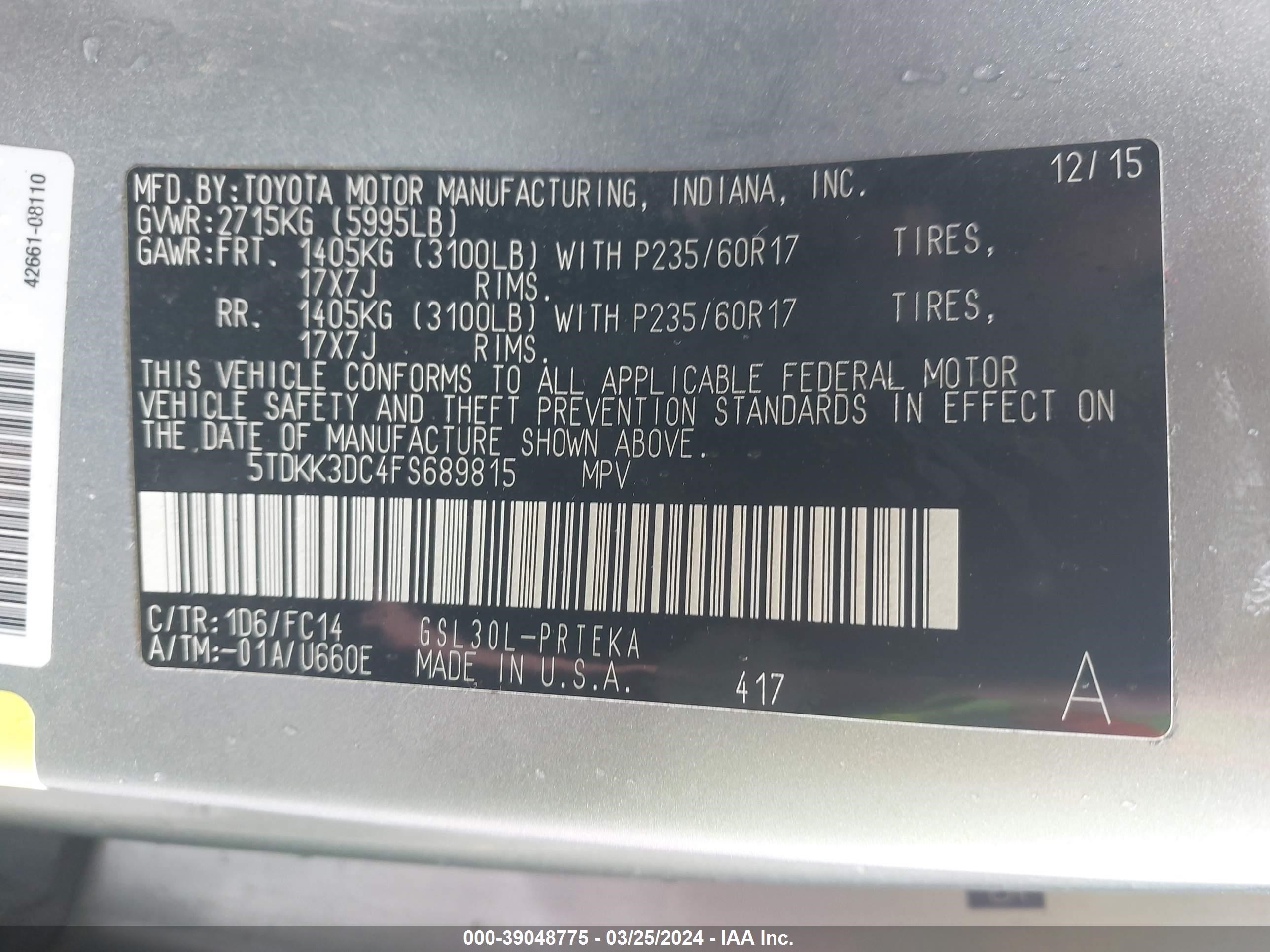 Photo 8 VIN: 5TDKK3DC4FS689815 - TOYOTA SIENNA 