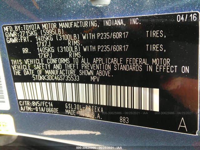 Photo 8 VIN: 5TDKK3DC4GS735533 - TOYOTA SIENNA 