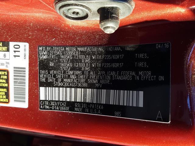 Photo 9 VIN: 5TDKK3DC4GS736388 - TOYOTA SIENNA LE 