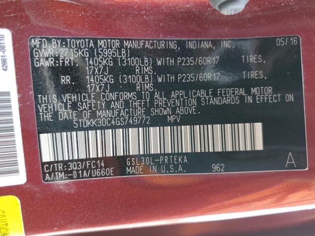 Photo 9 VIN: 5TDKK3DC4GS749772 - TOYOTA SIENNA LE 