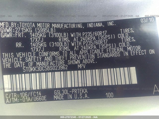 Photo 8 VIN: 5TDKK3DC5BS023962 - TOYOTA SIENNA 