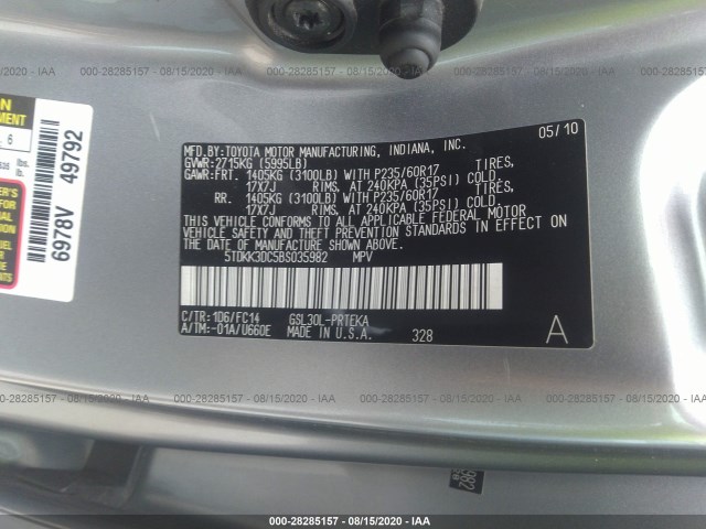 Photo 8 VIN: 5TDKK3DC5BS035982 - TOYOTA SIENNA 