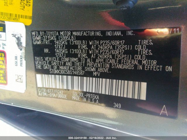 Photo 8 VIN: 5TDKK3DC5BS148587 - TOYOTA SIENNA 