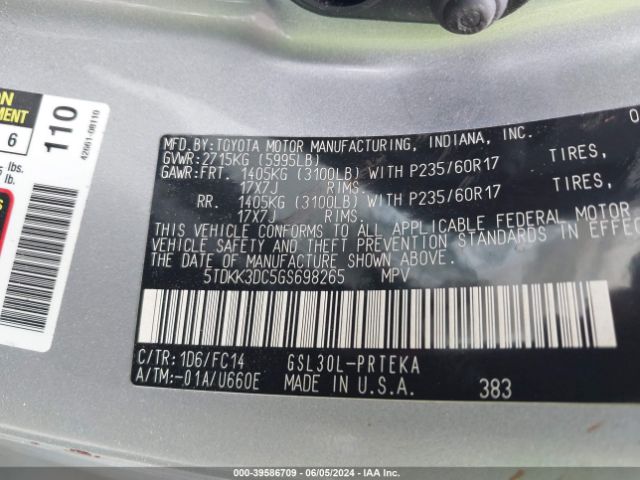 Photo 8 VIN: 5TDKK3DC5GS698265 - TOYOTA SIENNA 