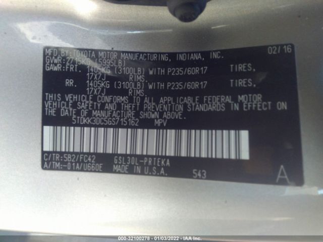 Photo 8 VIN: 5TDKK3DC5GS715162 - TOYOTA SIENNA 