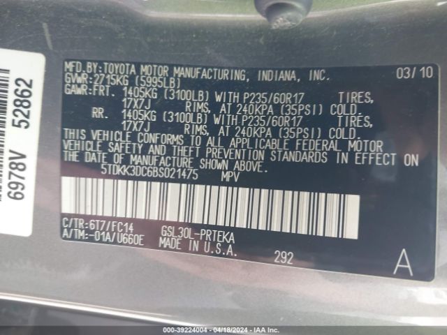 Photo 8 VIN: 5TDKK3DC6BS021475 - TOYOTA SIENNA 