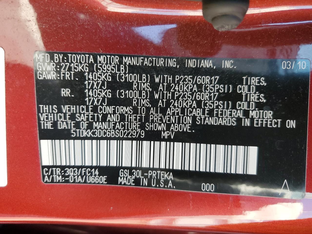 Photo 12 VIN: 5TDKK3DC6BS022979 - TOYOTA SIENNA 