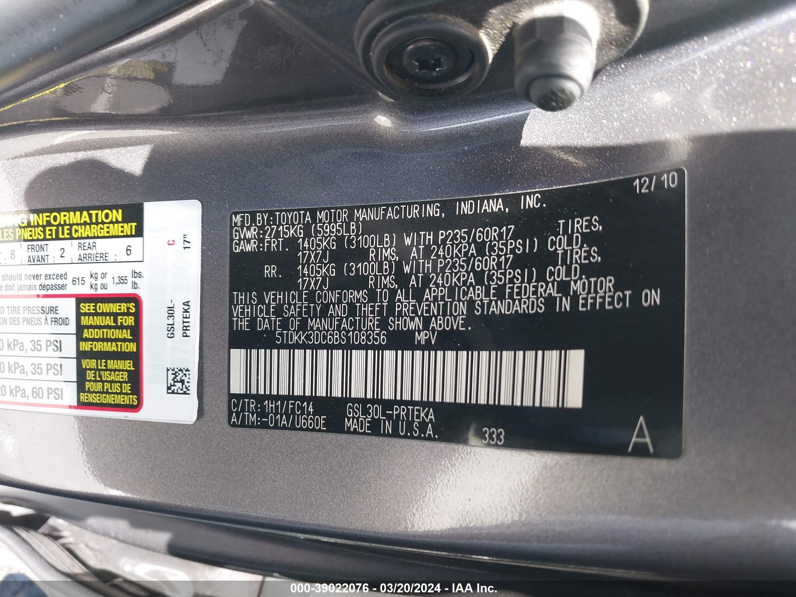 Photo 8 VIN: 5TDKK3DC6BS108356 - TOYOTA SIENNA 