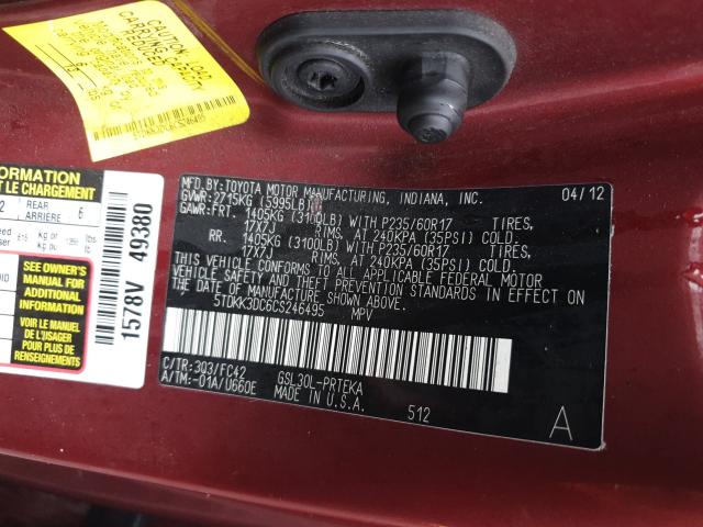 Photo 9 VIN: 5TDKK3DC6CS246495 - TOYOTA SIENNA LE 