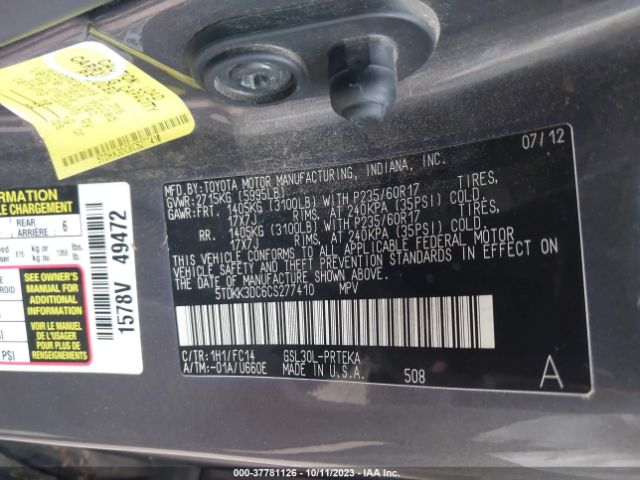 Photo 8 VIN: 5TDKK3DC6CS277410 - TOYOTA SIENNA 