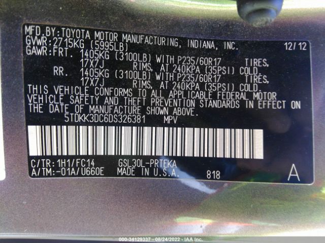 Photo 8 VIN: 5TDKK3DC6DS326381 - TOYOTA SIENNA 