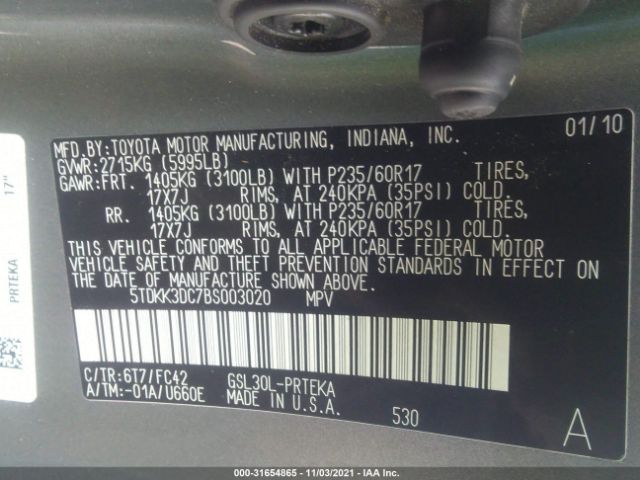 Photo 8 VIN: 5TDKK3DC7BS003020 - TOYOTA SIENNA 