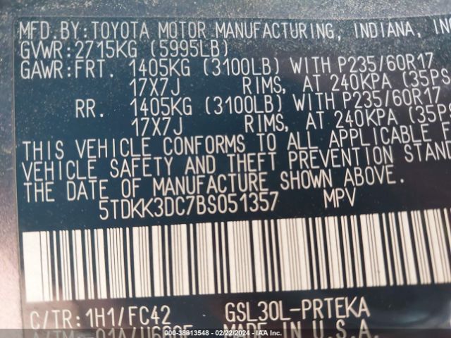 Photo 8 VIN: 5TDKK3DC7BS051357 - TOYOTA SIENNA 