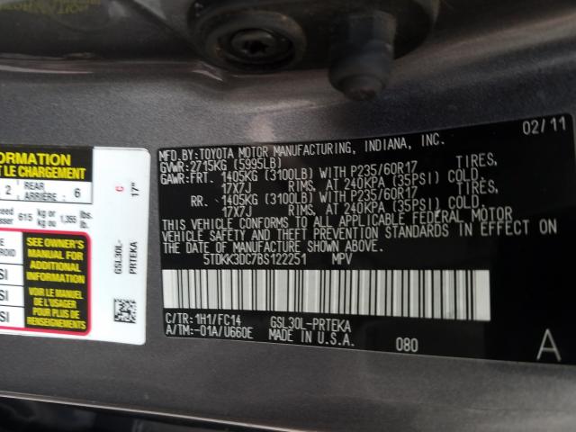 Photo 9 VIN: 5TDKK3DC7BS122251 - TOYOTA SIENNA LE 