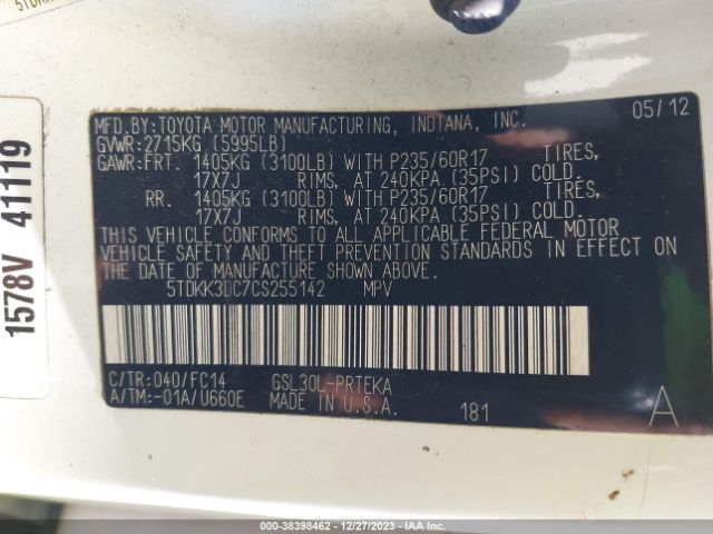 Photo 8 VIN: 5TDKK3DC7CS255142 - TOYOTA SIENNA 