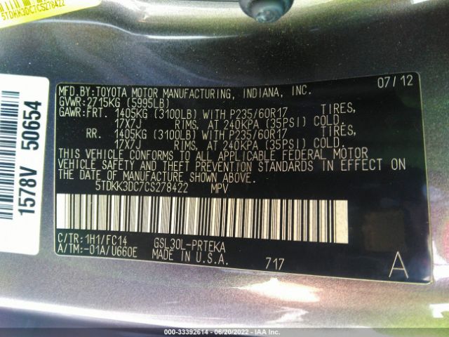 Photo 8 VIN: 5TDKK3DC7CS278422 - TOYOTA SIENNA 