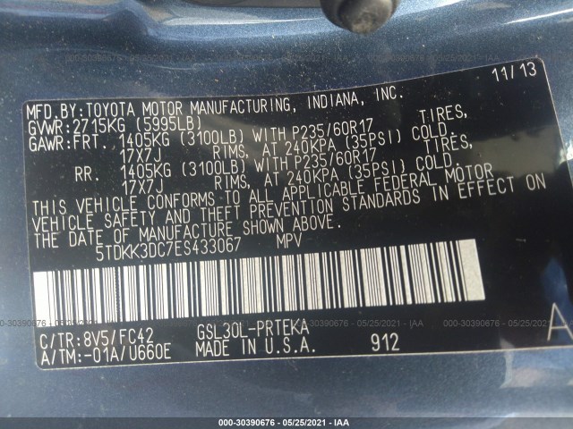 Photo 8 VIN: 5TDKK3DC7ES433067 - TOYOTA SIENNA 