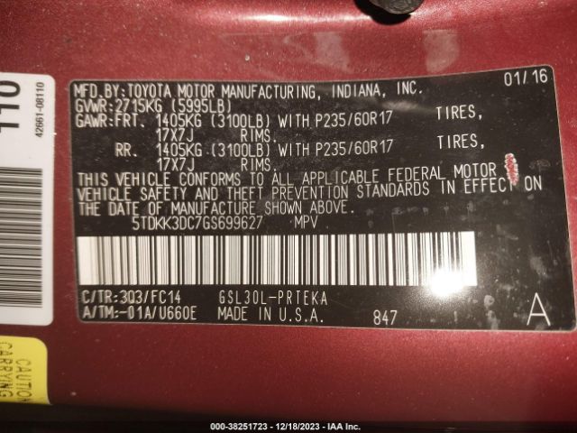 Photo 8 VIN: 5TDKK3DC7GS699627 - TOYOTA SIENNA 