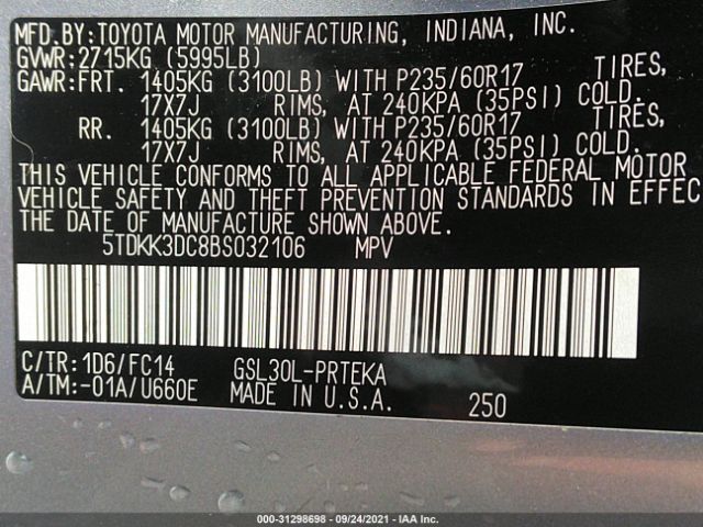 Photo 8 VIN: 5TDKK3DC8BS032106 - TOYOTA SIENNA 