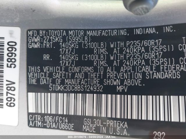 Photo 8 VIN: 5TDKK3DC8BS124932 - TOYOTA SIENNA 