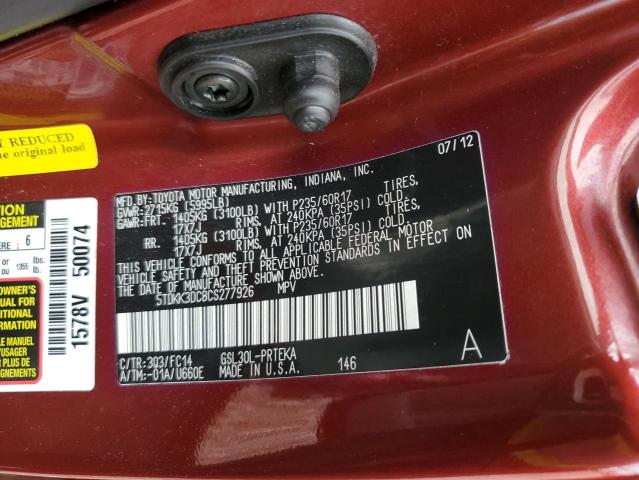 Photo 12 VIN: 5TDKK3DC8CS277926 - TOYOTA SIENNA LE 