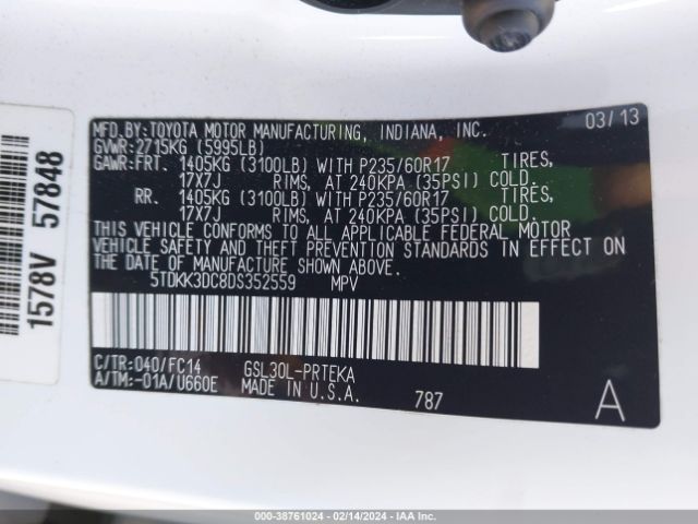 Photo 8 VIN: 5TDKK3DC8DS352559 - TOYOTA SIENNA 