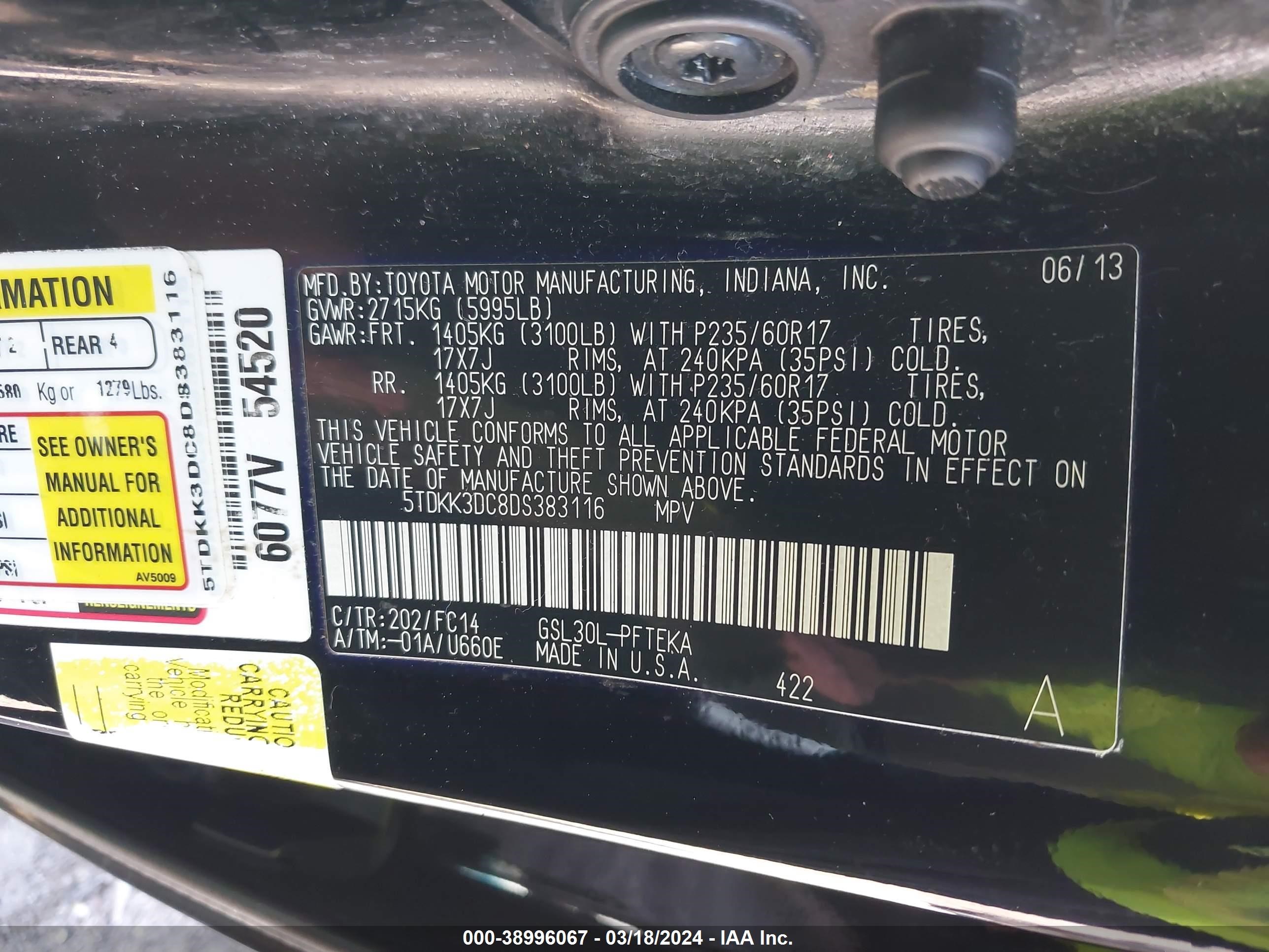 Photo 8 VIN: 5TDKK3DC8DS383116 - TOYOTA SIENNA 