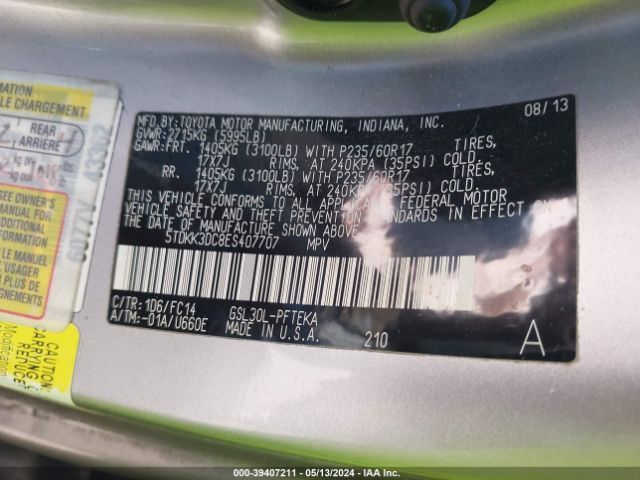 Photo 8 VIN: 5TDKK3DC8ES407707 - TOYOTA SIENNA LE 