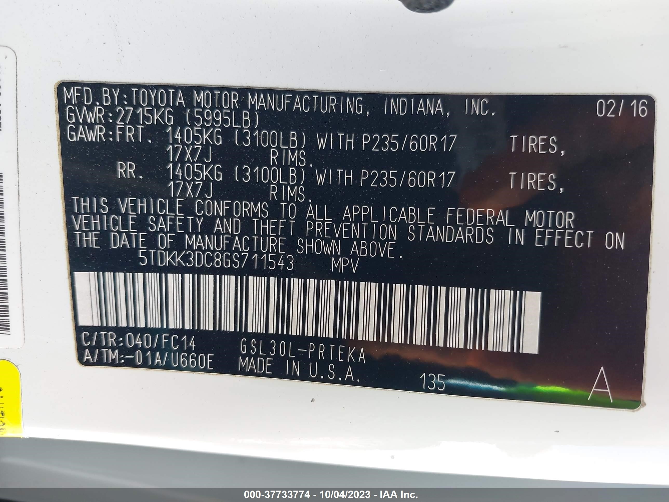 Photo 8 VIN: 5TDKK3DC8GS711543 - TOYOTA SIENNA 