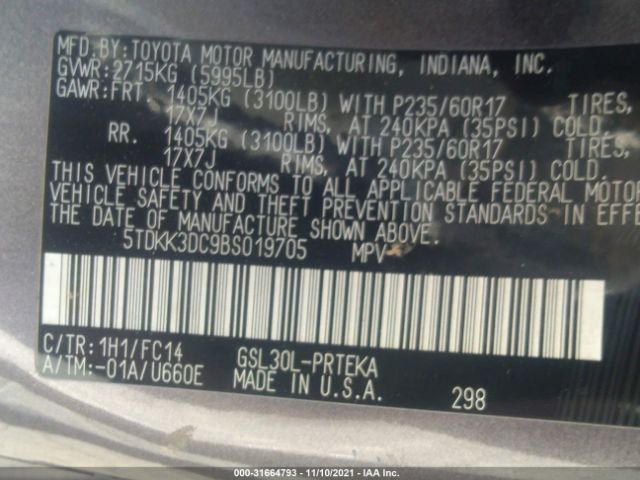 Photo 8 VIN: 5TDKK3DC9BS019705 - TOYOTA SIENNA 