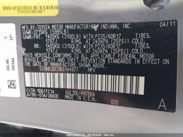 Photo 8 VIN: 5TDKK3DC9BS144977 - TOYOTA SIENNA 