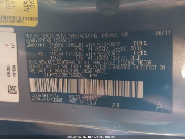 Photo 8 VIN: 5TDKK3DC9BS150567 - TOYOTA SIENNA 